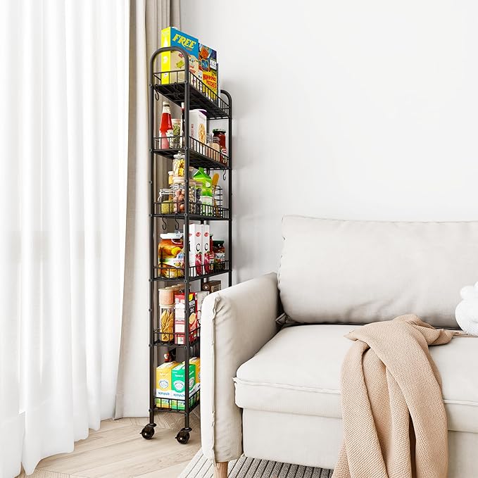Slim Rolling Storage Cart with Wheels, Metal 6 Tier Mobile Shelving Unit Organizer Kitchen Utility Cart for Office Bathroom Kitchen Laundry Room Narrow Places (6inches)