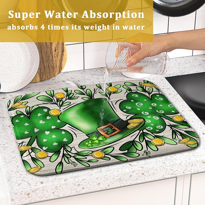 St Patrick's Day Shamrock Dish Drying Mat 16x18 inch Eucalyptus Leaves Dishes - Image 7