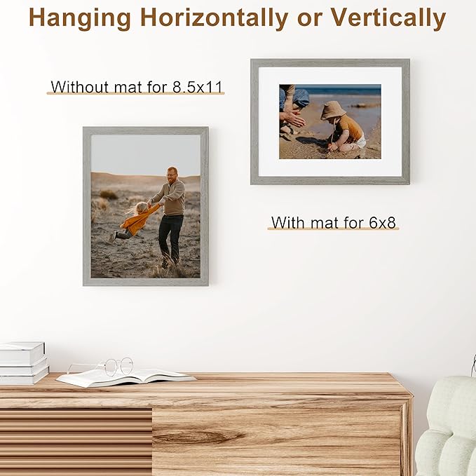 Vittanly 8.5x11 Picture Frame, Solid Wood Frame with Plexiglass, Includes 6x8 Mat, Wall Hanging or Tabletop for Photos, Home Decor, Grey, 1 Pack