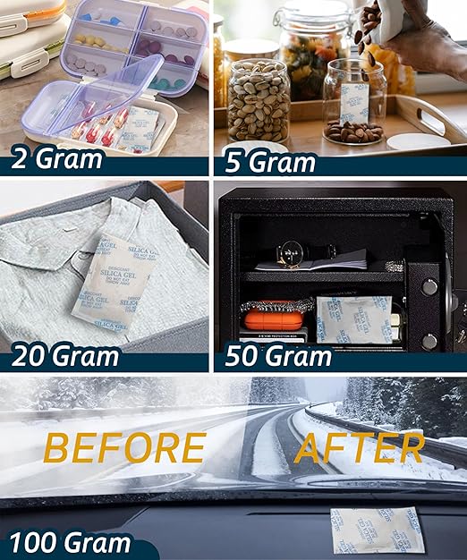 100 Gram (5 Pack) Color-Indicating Silica Gel Packets, Premium Food Grade Desiccant - Rechargeable Moisture Absorbers for Food Storage, Electronics, 3D Filament & Safes