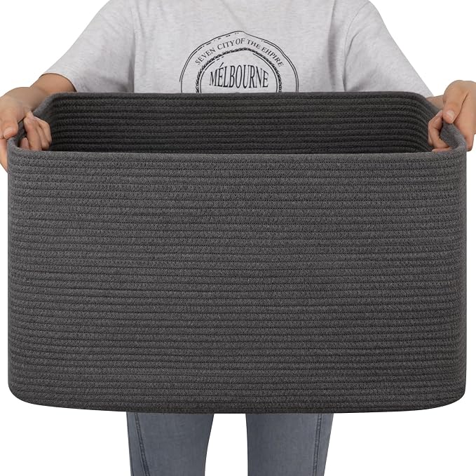 OIAHOMY 75L Large Blanket Basket Woven Rope Storage Basket Dark Grey by MasterofSpaceOptimization