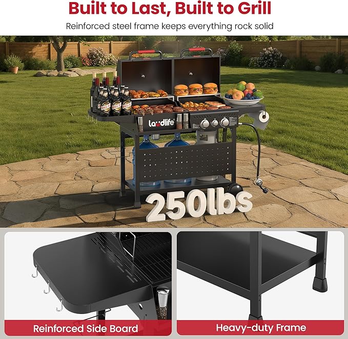 Gas and Charcoal Grill Combo with Side Burner, 3 Burners Propane BBQ Grill, 748 SQ.IN Cooking Space, Non-Stick Enamel Coating Grates, Heavy-Duty Stand for Backyard & Outdoor Barbecue