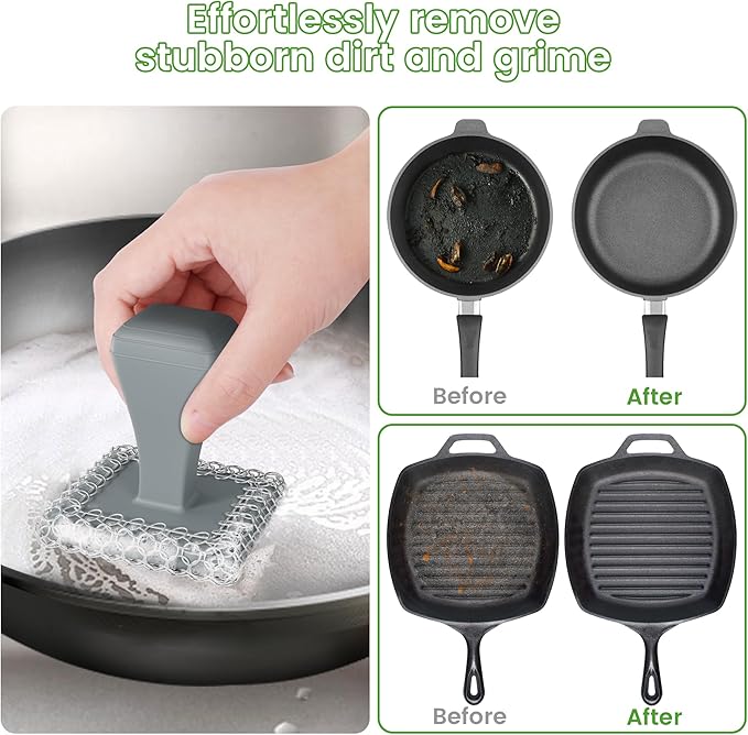 TOPULORS Cast Iron Scrubber Cleaner & 316L Stainless Steel Chainmail Scrubber with 2 Scrapers, Ergonomic Silicone Handle Brush for Pans Skillets Grills Dishes Cleaning - Non-Scratch Rust-Proof - Gray