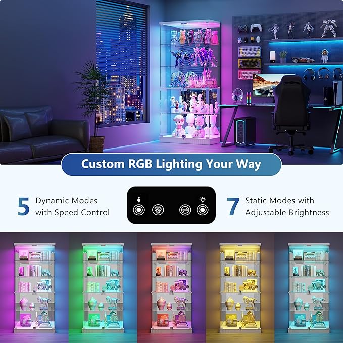 Glass Display Cabinet with RGB Lights - 5-Tiers Curio Cabinet Display Case with Lock, Frameless Tall Showcase Display Shelf for Collectibles & Legos, Living Room Bookcase Storage Cabinet (White)