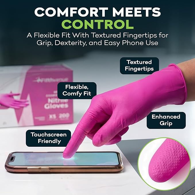 FifthPulse Fuchsia Hot Pink Nitrile Disposable Gloves -3 Mil Medical Exam - Image 2