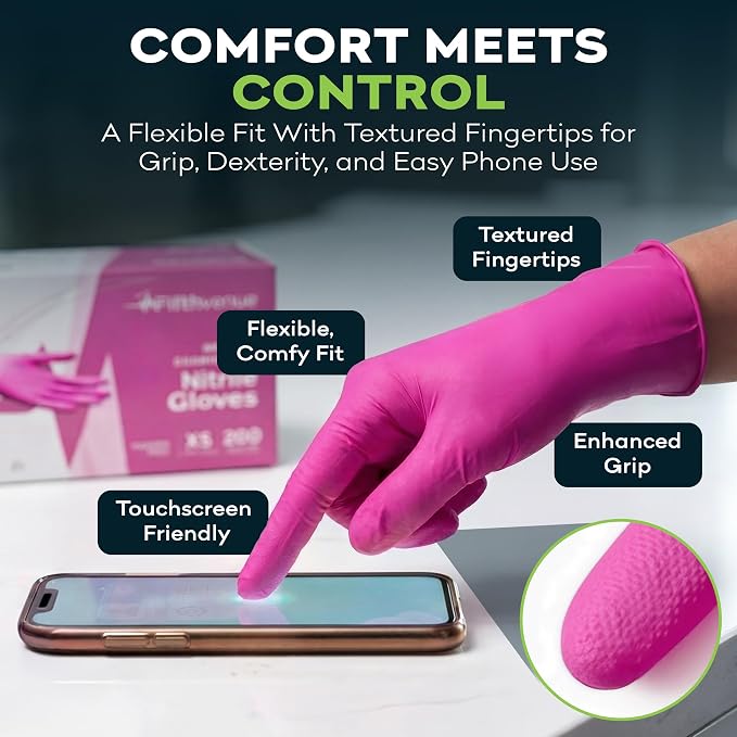 FifthPulse Fuchsia Hot Pink Nitrile Disposable Gloves -3 Mil Medical Exam - Image 2