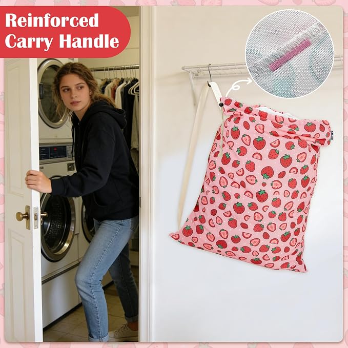 Canvas Laundry Bag with Shoulder Strap Drawstring, Strawberry - Image 4