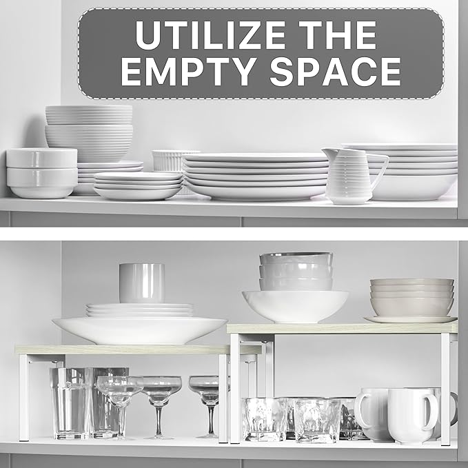 Simple Houseware Expandable Stackable Cabinet and Counter Shelf Organizer with Wooden Surface, 7.6'' D x 11.75'' W x 6.1'' H, Maple