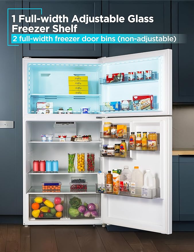 BLACK+DECKER 24 Cu. Ft. Top Mount Refrigerator with Freezer, 2 Door Fridge with Top Freezer and Adjustable Temperature Control, Full Size Kitchen Refrigerator, ENERGY STAR, BR2400JW, White
