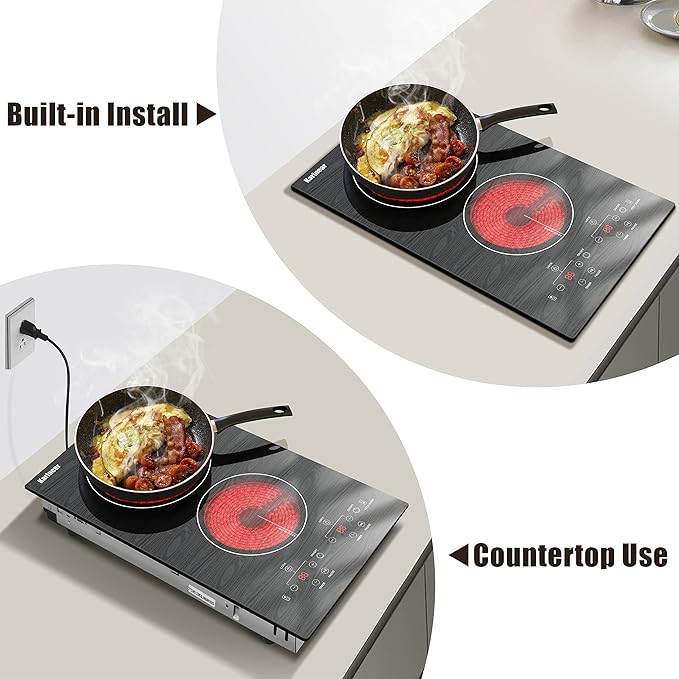 Karinear Portable Electric Cooktop 2 Burners, 110v Plug in Electric Stove Top, Countertop Use or Built-in Install, 12'' Ceramic Cooktop with Beautiful Wooden Pattern
