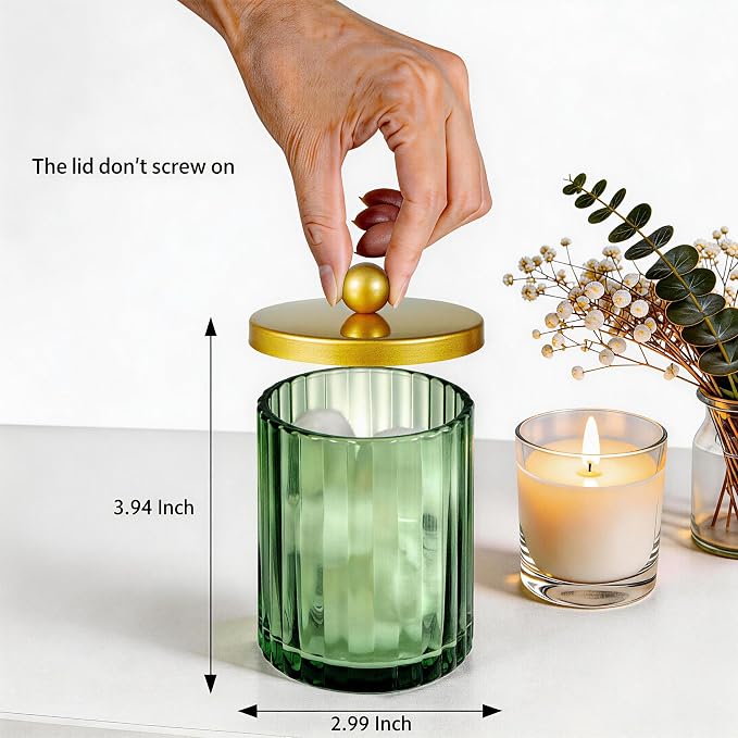 Amolliar Green Glass Qtip Holder Dispenser, Bathroom Canister - Image 5
