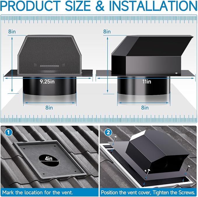 Hon&Guan 4 Inch Roof Vent Cap, Upgraded Airflow Roof Vents for Houses Watertight Galvanized Steel Roof Exhaust Vent for Ventilation System-with Damper