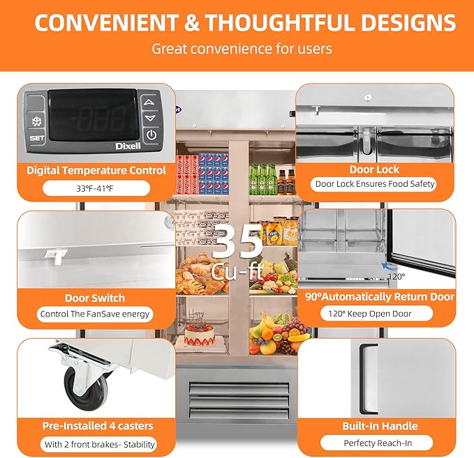 39.5" W Commercial Refrigerator with 2 door Stainless Steel 35 Cu. Ft Reach-in Refrigerator 6 Adjustable shelves Fan Cooling Fridge for Restaurant, Commercial Kitchen, Shop, ETL Certification