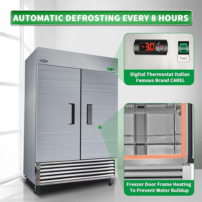 54" Commercial Upright Freezer with 2 Solid Door, 46 Cu.Ft Stainless Steel Reach-in Freezer, -10℉ ~ 10℉, Fan Cooling Freezer with 6 Shelves for Restaurant Bar Garage, ETL and DOE Approved
