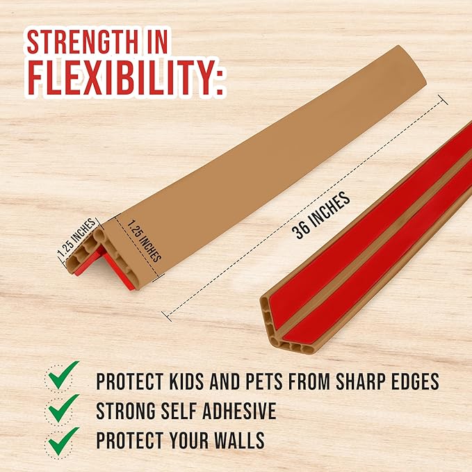 Rubber Bond Wall Corner Guard Edge Protector, 1x1x36 inch Baby Proofing Corner Guards | Self-Adhesive Furniture Edge Strips for Home & Office (15 Pack, Brown)
