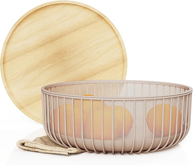 Metal Fruit Bowl Basket with Wooden Lid - Fruit and Vegetable Holder For Kitchen Counter - Countertop Display Baskets Organizer - Bowl Storage for Veggie, Fruits, Snack, and Banana - Peach