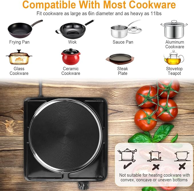 Portable Hot Plate, 1500W Cast Iron Single Countertop Burner, Electric Stove with 5 Levels Adjustable Temperature, Cooktop for Home RV Camping, Easy to Clean, Black