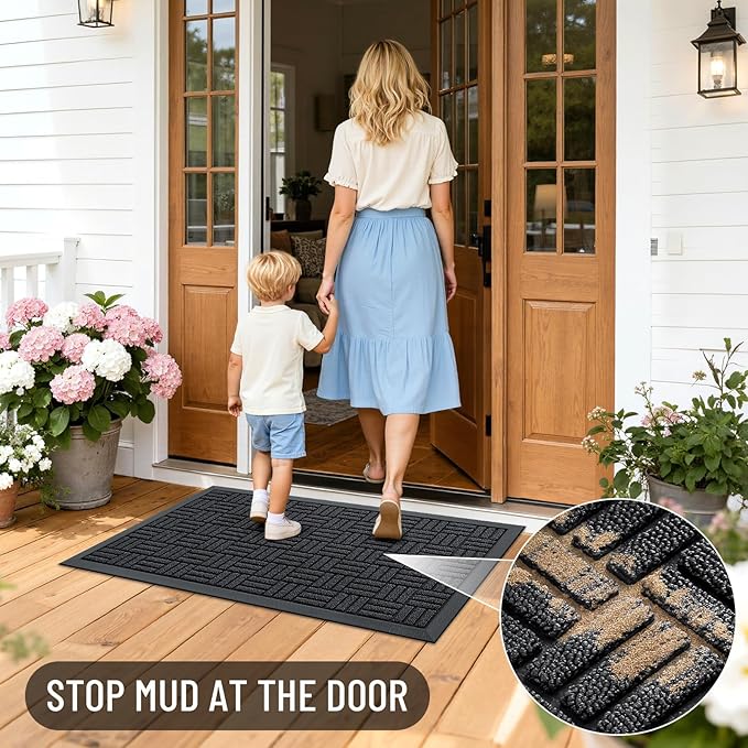 OLANLY Front Door Mat Outside Entrance 35x23, Absorbent, Heavy Duty Sturdy Natural Rubber Doormat Indoor Outdoor, Stain and Fade Resistant, Non-Slip Backing Low Profile Floor Mat for Entryway, Black