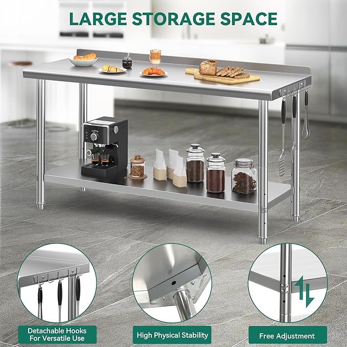 YITAHOME 60" x 24" Stainless Steel Table for Prep & Work with Backsplash, NSF Commercial Heavy Duty Table with Undershelf for Home Kitchen Restaurant Garage Warehouse