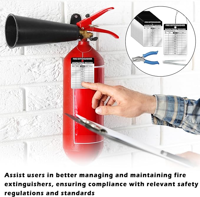 50 Pcs Waterproof Fire Extinguisher Inspection Tags 2.3 x 3 Inch Metal Aluminum with Wires and Handheld Hole Puncher Durable Metal Fire Tags for Monthly Fire Safety Check Indoor Outdoor Writeable(50)