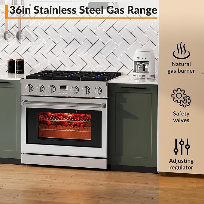 36 Inch Freestanding Dual Fuel Range Oven Stove, 6.0 Cu.Ft, Stainless Steel Electric Convection Oven with Self Clean, 6 Sealed Gas Burner for Home and Commercial Use
