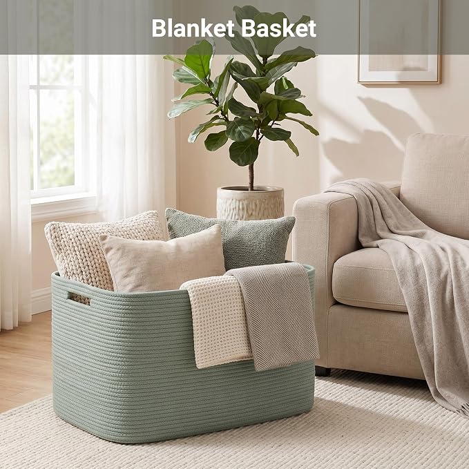 75L Green Cotton Rope Storage Basket, Large Rectangle Laundry Hamper - Image 5