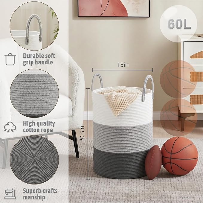 Artfeel Laundry Basket, Woven Cotton Rope Laundry Hamper, 60L - Image 6