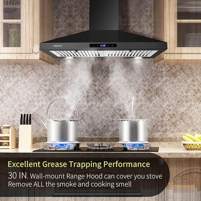 SNDOAS Black Range Hood 30 Inch,Stainless Steel Wall Mounted Kitchen Hood with Touch Controls, Ducted/Ductless Convertible,Chimney-Style Stove Hood Vent for Kitchen,Baffle Filters,Black Painted Finish