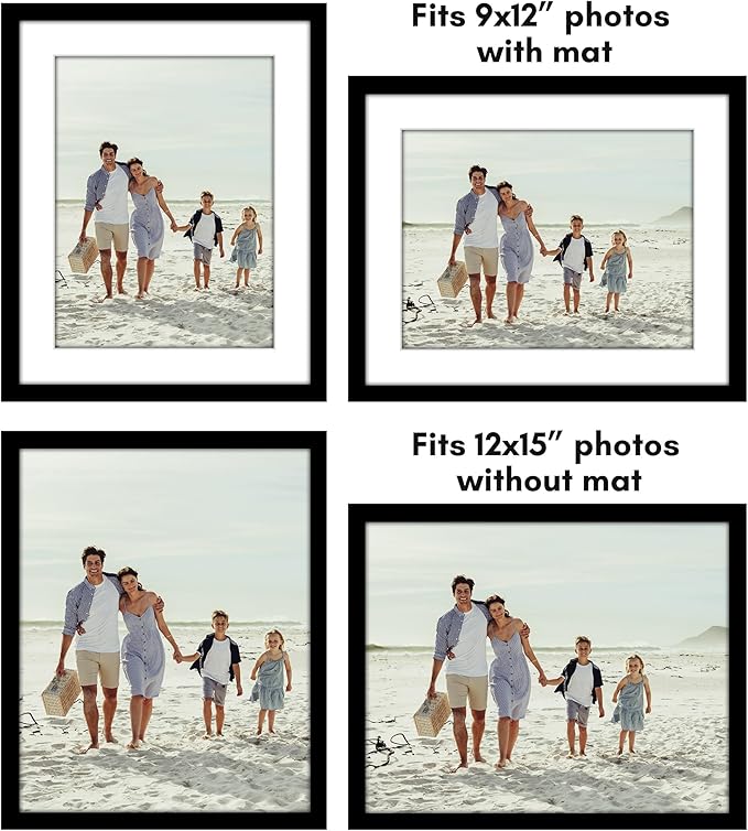 Americanflat 12x15 Picture Frame with Polished Plexiglass - Set of 5 - Use as 9x12 Frame with Mat or Display 12x15 Photo Without Mat - Galleria Collection - Picture Frames for Wall Display - Black