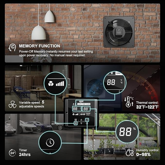10 Inch Shutter Exhaust Fan, High-Speed Vent Fan with Temperature Humidity Controller, Suitable for Attics, Greenhouses, Garages