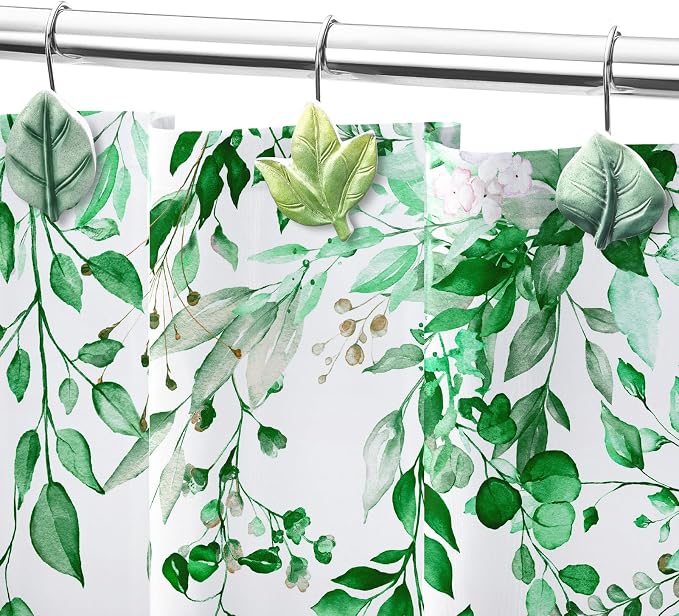 Green Plant Leaf Shower Curtain Hooks, Eucalyptus Bathroom Decor, Metal - Image 5