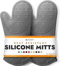 BPA-Free Soft Silicone Oven Mitts - Ultra Heat Resistant Oven Mitts with Thick Cotton Liner - Long Slip Resistant Pot Holders, Flexible Oven Gloves - Gray 13.7"