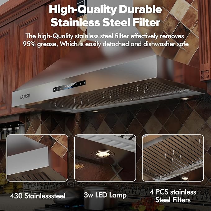 Wall Mount Range Hood 48 Inch 1200 CFM Ultra Powerful Commercial Vent Hood for Large Kitchen with Remote Control, Gesture & Touch Panel, 4 Speeds & Stainless Steel Filters Ducted Kitchen Hoods