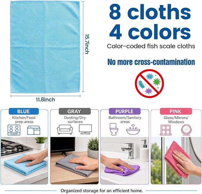 Niveaya Microfiber Glass Cleaning Cloth, Reusable Fish Scale Cloth 8 Pack - Image 3