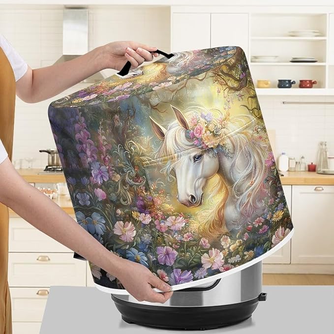 TODIYADDU White Horse Floral Pressure Cooker Cover with Pocket Novelty Air Fryer Cover Dust Cover Insulated Kitchen Appliance Cover Protector for Pressure Cooker Instant Pot Accessories Presents, S