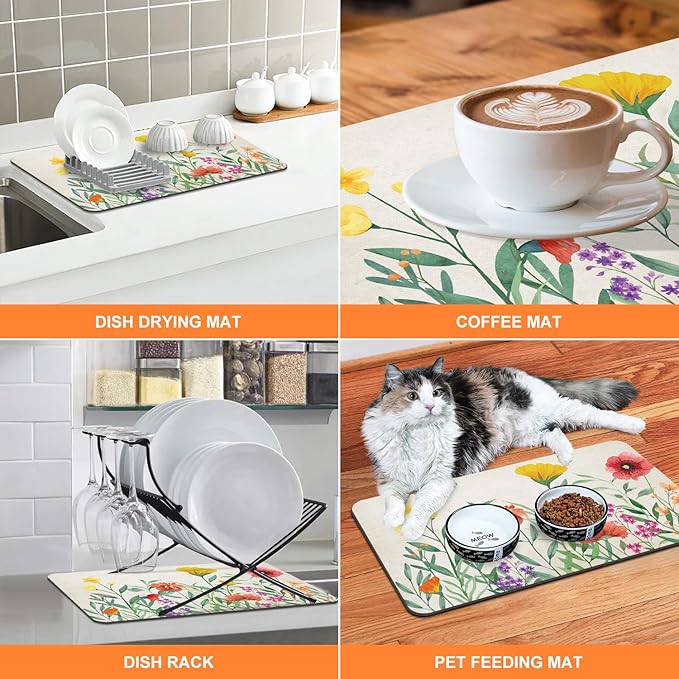 LOKHOM 12"x20" Dish Drying Mat，Colorful Floral Coffee Mat | Ultra Absorbent - Image 5
