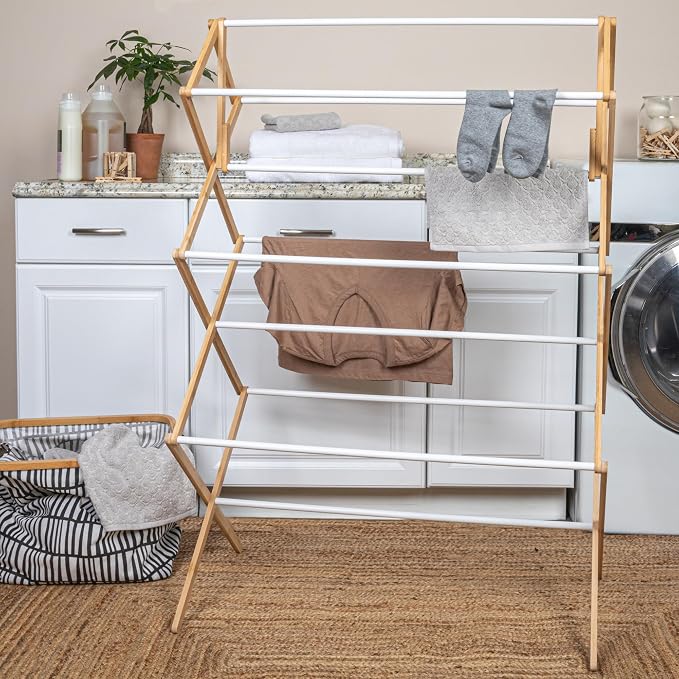Household Essentials Folding Clothes Drying Rack, Wood Frame - Image 2