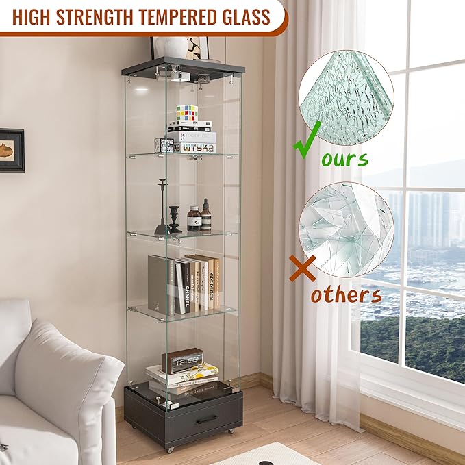 Yoluckea 4 Tiers Glass Display Cabinet with LED Lighting and Drawer, 1 Door Floor Standing Curio Cabinet with Wheel for Home, Office, Corner Display, Black Glass Bookshelf for Collections and Decor