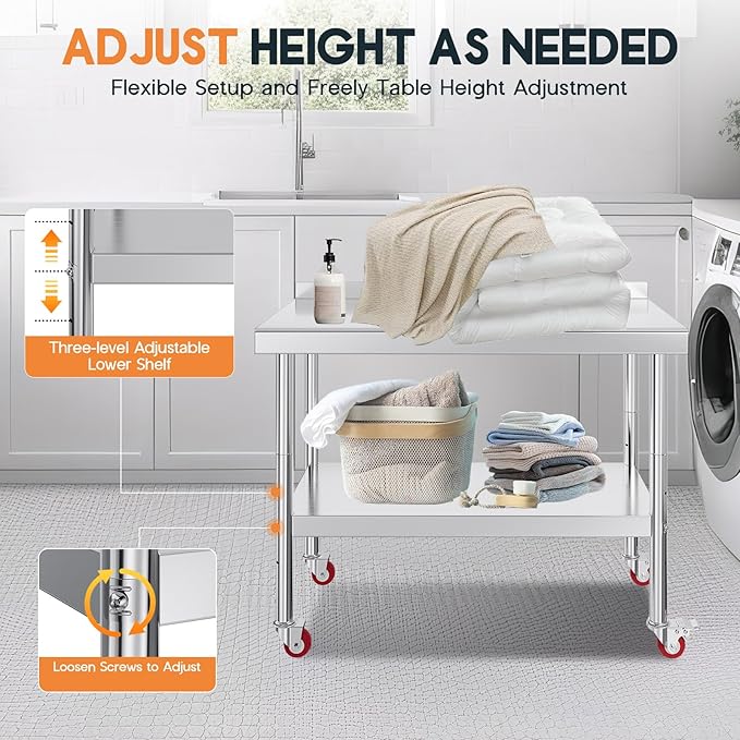 Jocisland 24" x 48" Stainless Steel Table for Prep & Work with Backsplash and Wheels, Adjustable Under Shelf & Safe Design for Restaurant, Home and Outdoor