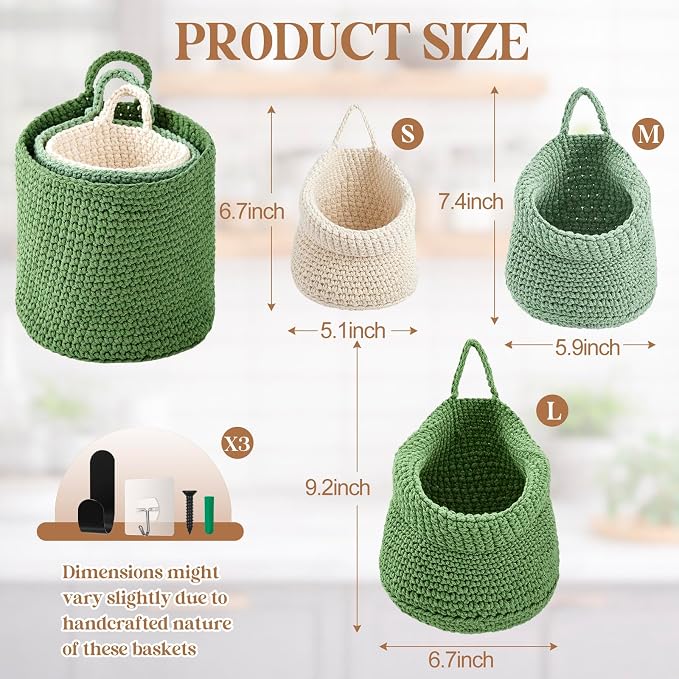 Honeydak 3 Hanging Baskets, Sage Color Palette, Cotton Rope - Image 2