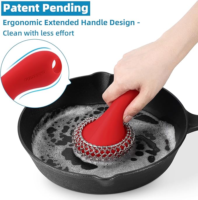 SUBEKYU Cast Iron Scrubber with Silicone Handle, Stainless Steel Cast Iron Skillet Cleaner Chainmail Scrubber for Cast Iron Pans, Red