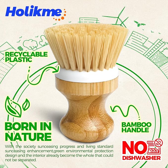 Holikme Bamboo Palm Brush Dish Brushes Round Vegetable Brush, Pans and - Image 5