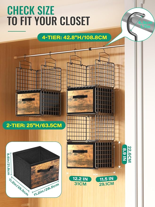 Hanging Closet Organizer with Drawers, 4 Tier Metal Closet Organizers and - Image 2