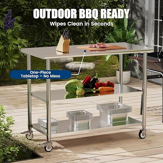 Stainless Steel Work Table with Wheels, 24x60 Inch NSF Kitchen Prep Table with 2 Adjustable Undershelves for Commercial Restaurant, Garage, Outdoor BBQ