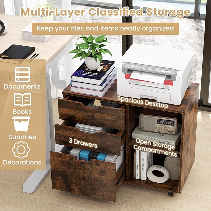 File Cabinet, Mobile Filing Cabinet w/Universal Wheels & 3 Drawers, Wood Printer Stand with Storage, Rolling File Cabinets for Home Office, Living Room, Bedroom (Rustic Brown, 3 Drawers)