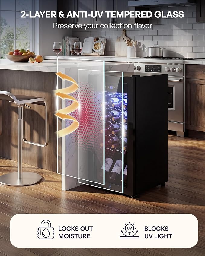 18 Bottle Compressor Wine Cooler Refrigerator，Freestanding Wine Fridge with Digital Temperature Control & Double-layer Glass Door, 41-64°F Wine Cellar for Red Wine, Champagne, Beer, Black