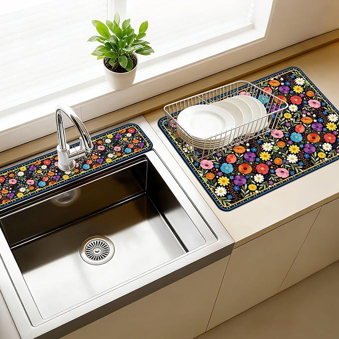 3 Pcs 2 Size Kitchen Sink Splash Guard Faucet Mat Bohemian Flowers Pattern by CONCHLERY%E6%97%97%E8%88%B0%E5%BA%97