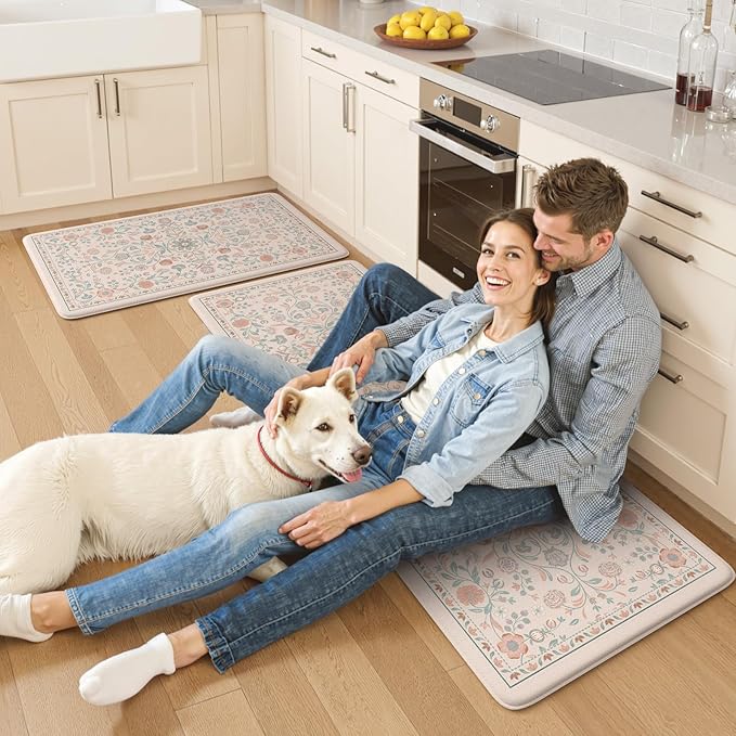KIMODE Comfort Kitchen Mats Cushioned Anti Fatigue,Boho Floral Kitchen Rugs Sets of 2 Non Slip,Wide Padded Memory Foam Ergonomic Standing Carpet for Laundry Sink Office,Pink