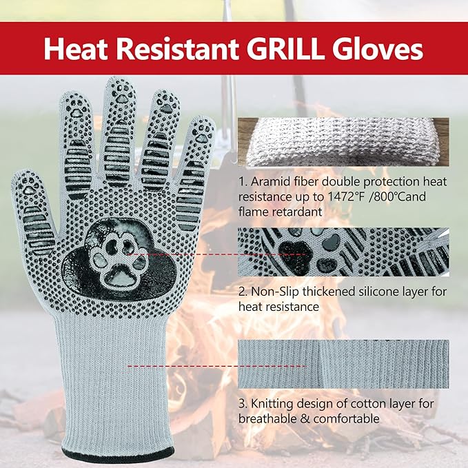 UBeesize Lengthen BBQ Gloves (Bear Paw), 1472°F Heat Resistant Grill Glove, 14 inch Fireproof Oven Gloves for Cooking, Non-Slip Fire Glove for Grilling, Barbecue, Smoker, Baking, Frying
