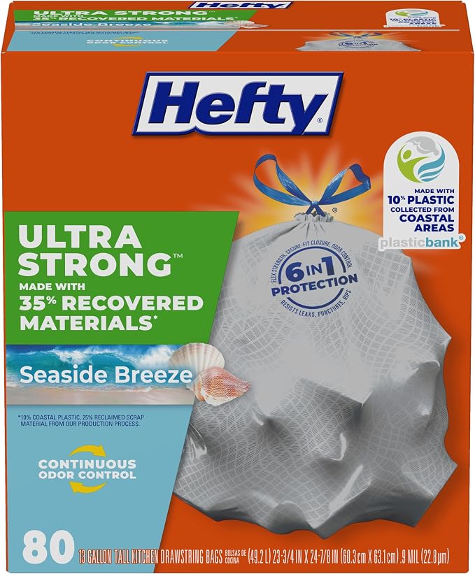 Hefty Ultra Strong Recovered Materials 13 Gallon Kitchen Trash Bags, 80ct | Made by Hefty